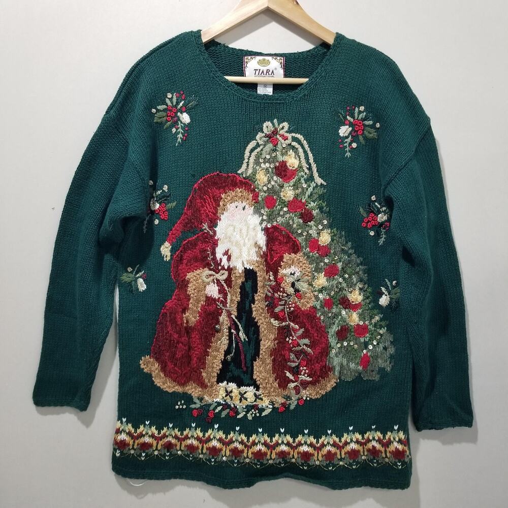 Vintage Tiara International Sweater Womens Medium Green Santa Christmas Tree 90s - Picture 8 of 8